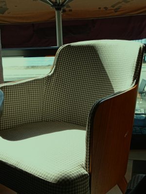 Stylish houndstooth armchair with wooden frame bathed in sunlight, showcasing modern indoor decor.